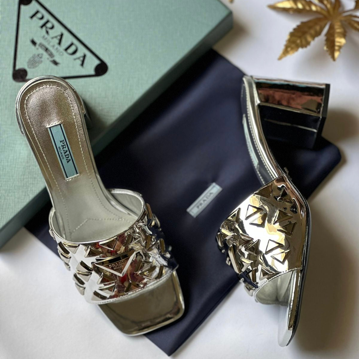 Prada Metallic Gold Triangle Logo Shoes