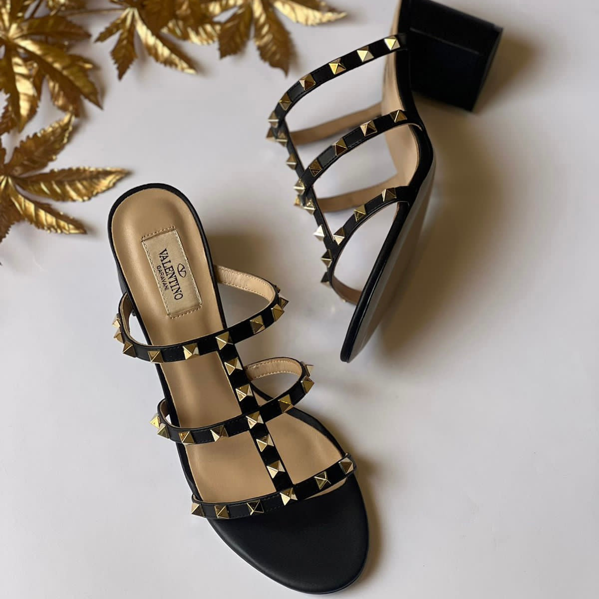 Valentino Garavani Rockstud Block Heel Shoes in Nude Patent