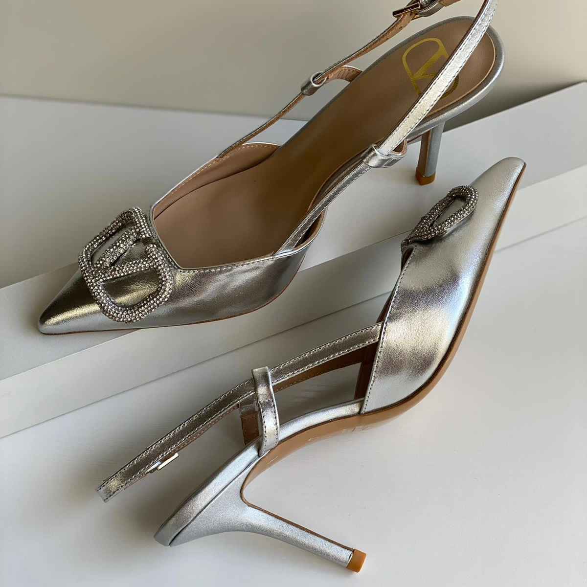 Valentino Garavani VLogo Crystal Buckle Slingback Shoes