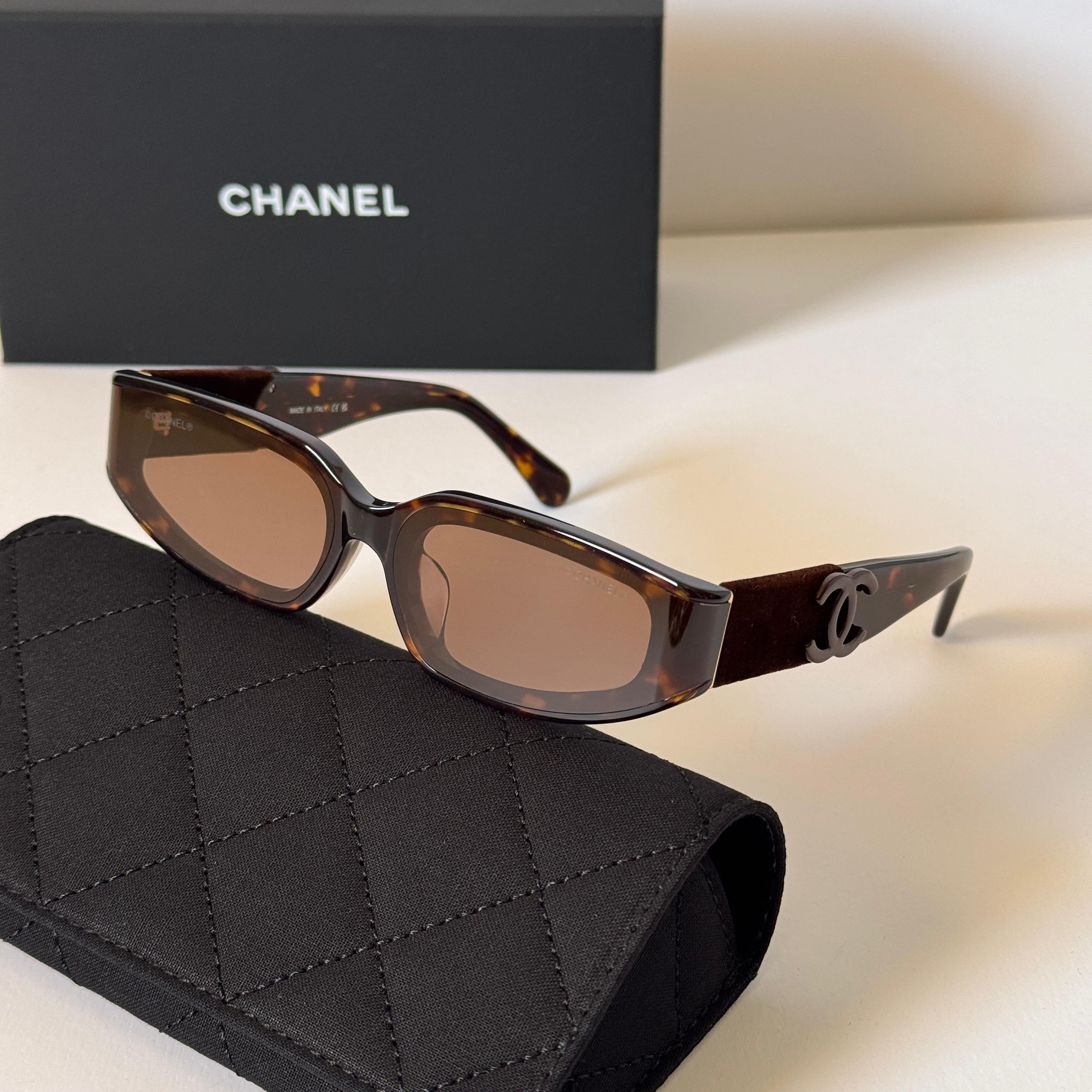 Chanel Slim Rectangle Velvet-Arm Sunglasses