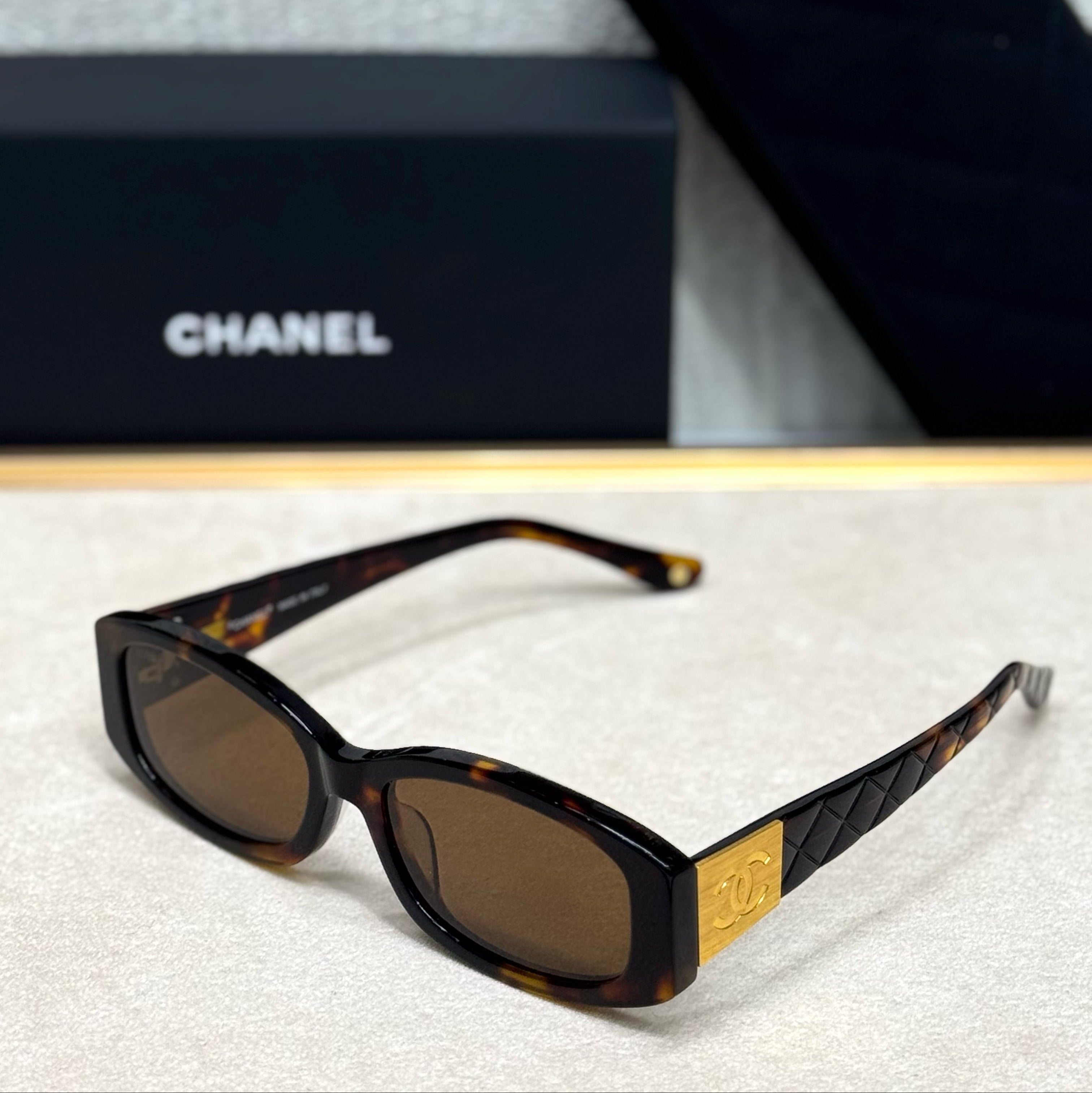 Chanel Quilted Gold-Accent Rectangular Sunglasses