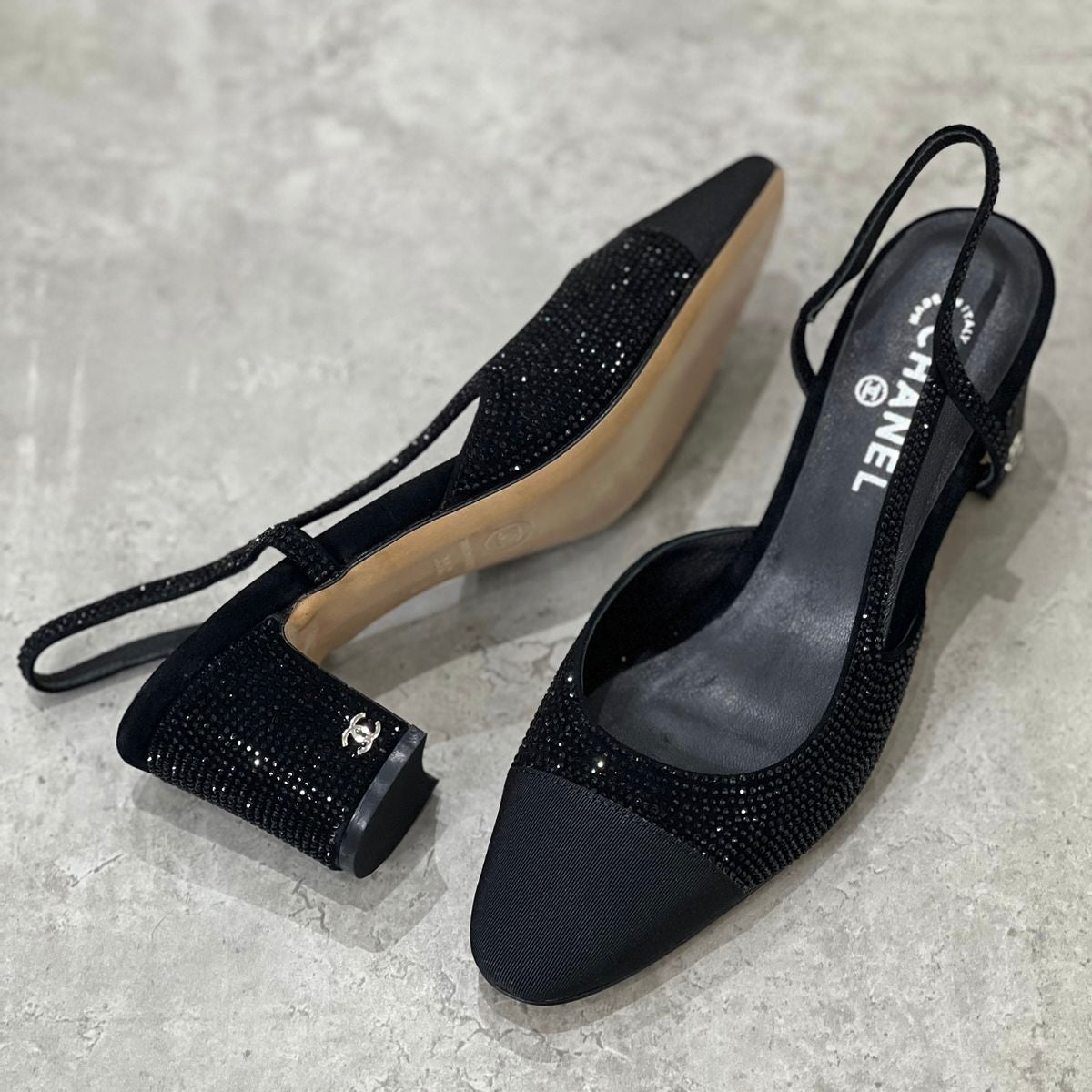 Chanel Black Crystal Slingback Shoes