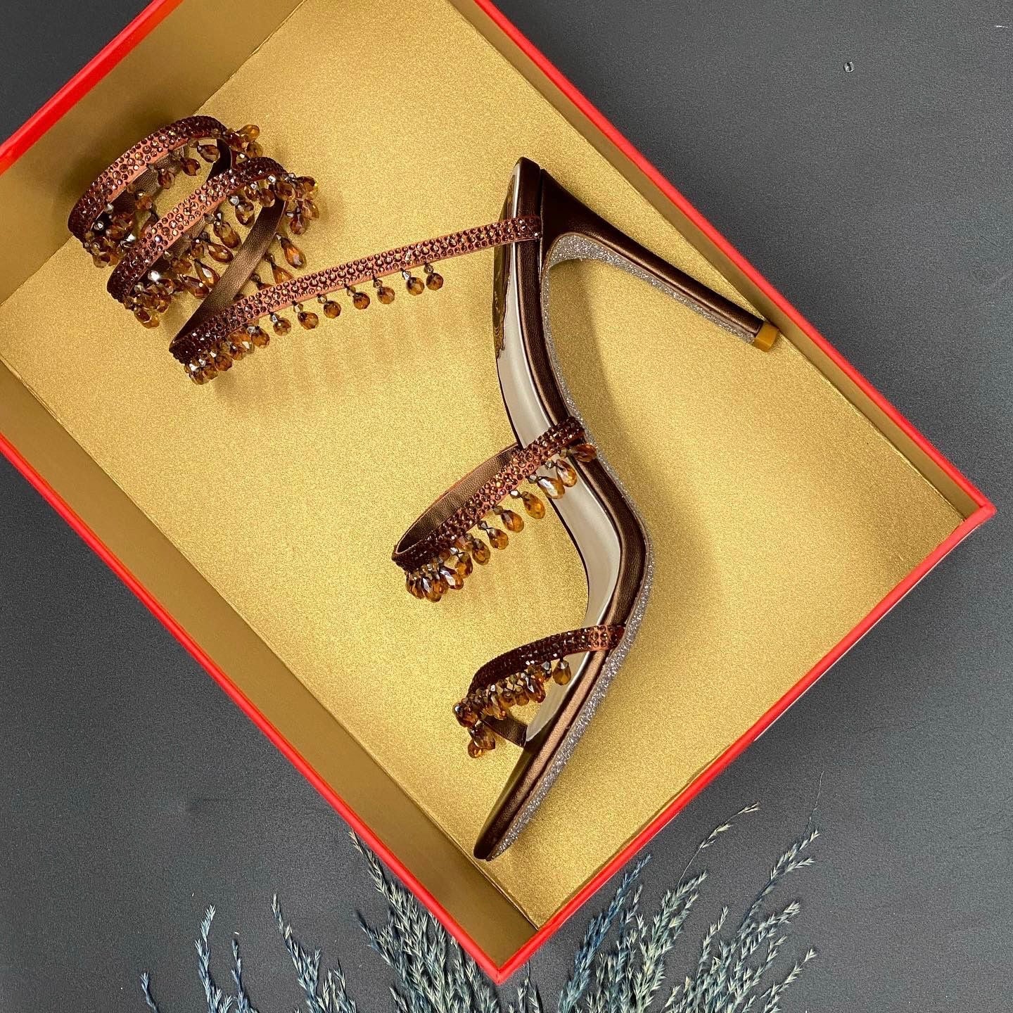 René Caovilla Brown Cleo Shoes with Amber Crystal Drops