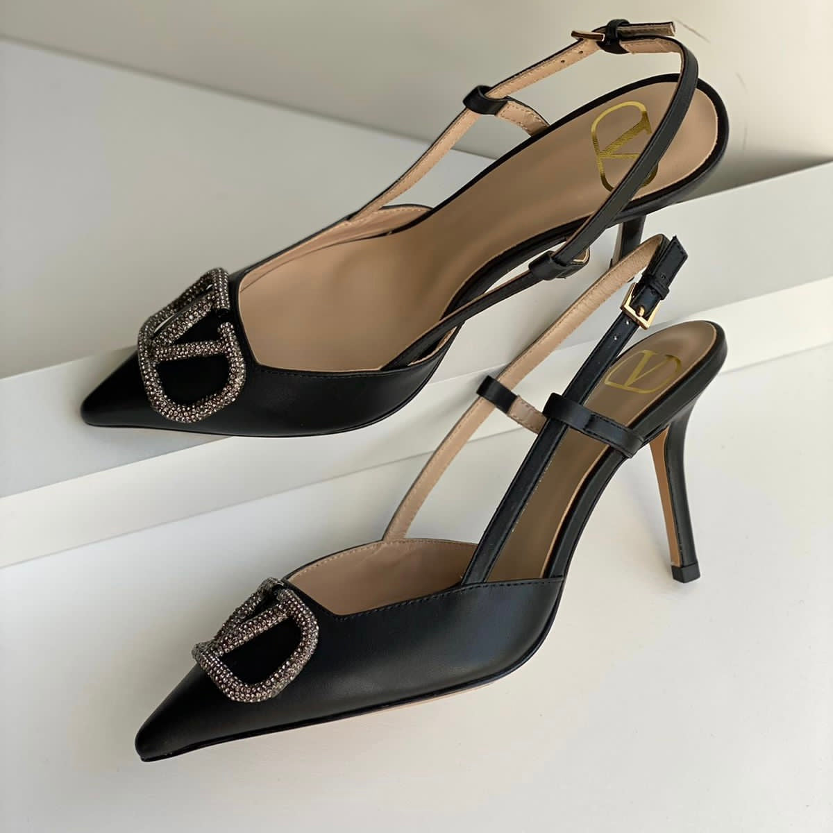 Valentino Garavani VLogo Crystal Buckle Slingback Shoes