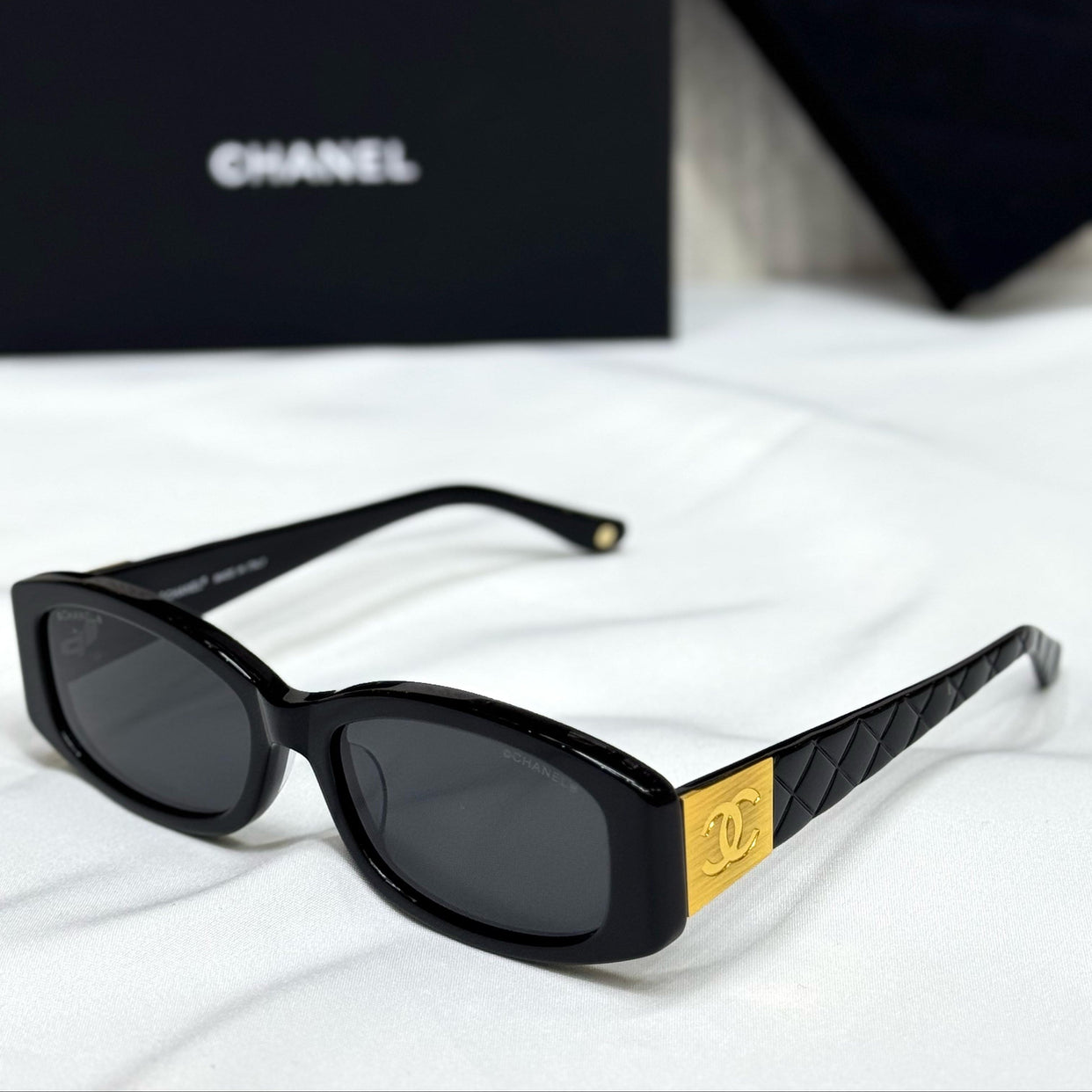 Chanel Quilted Gold-Accent Rectangular Sunglasses